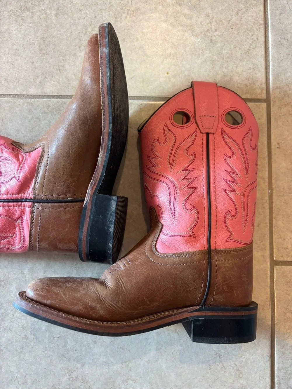 Old West Pink and Brown Lace-Up Western Boots